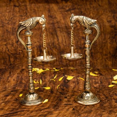 Ekhasa 100% Pure Brass Diya for Puja (Size: cm, Set of 2) | Standing Diya for Pooja | Pital Stand Diya for Puja | Brass Lamps for Pooja | Standing Parrot Hanging Brass Diya for Pooja, Standard, Gold