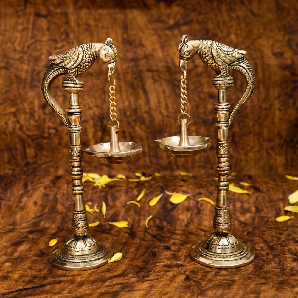Ekhasa 100% Pure Brass Diya for Puja (Size: cm, Set of 2) | Standing Diya for Pooja | Pital Stand Diya for Puja | Brass Lamps for Pooja | Standing Parrot Hanging Brass Diya for Pooja, Standard, Gold