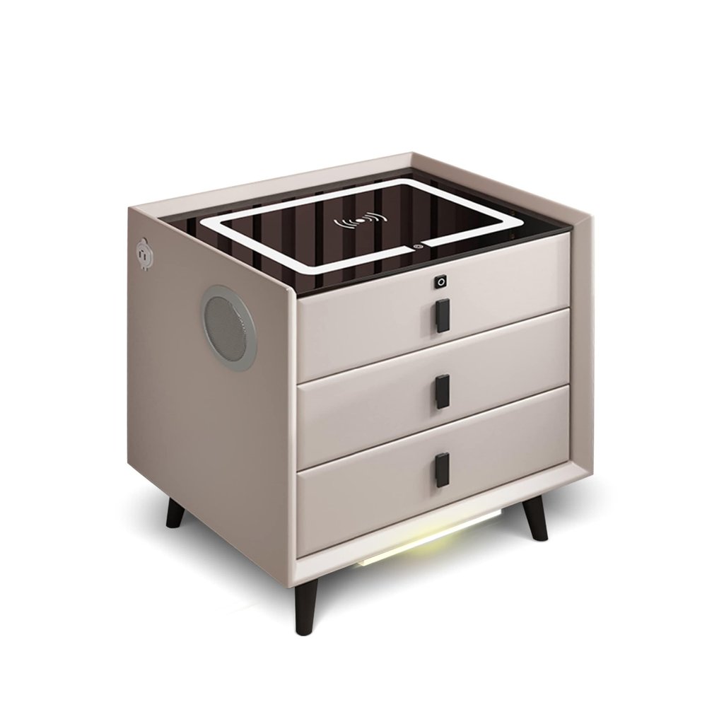 FZYUAN Nightstand with Charging Station & USB Ports, Smart Bedside Table Modern Night Stand for Bedroom, LED Side End Table with Fingerprint Lock & 2/3 Drawer & Speaker & Sensor Light,White,3 Drawers