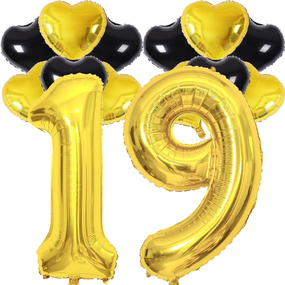 19 Balloon 40 Inch Number 19th Balloons 14 Pcs Gold Foil Helium Number Balloons with Black Gold Heart Balloons 19 Year Old Girl Boy Birthday Party Decorations for Girls Women Party Supplies