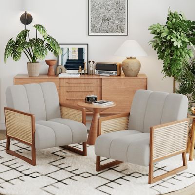 Andeworld Rattan Accent Chairs Set of 2 Upholstered Natural Rattan Chair Mid Century Modern Linen Armchair Side Chairs for Living Room Bedroom Reception,Light Grey