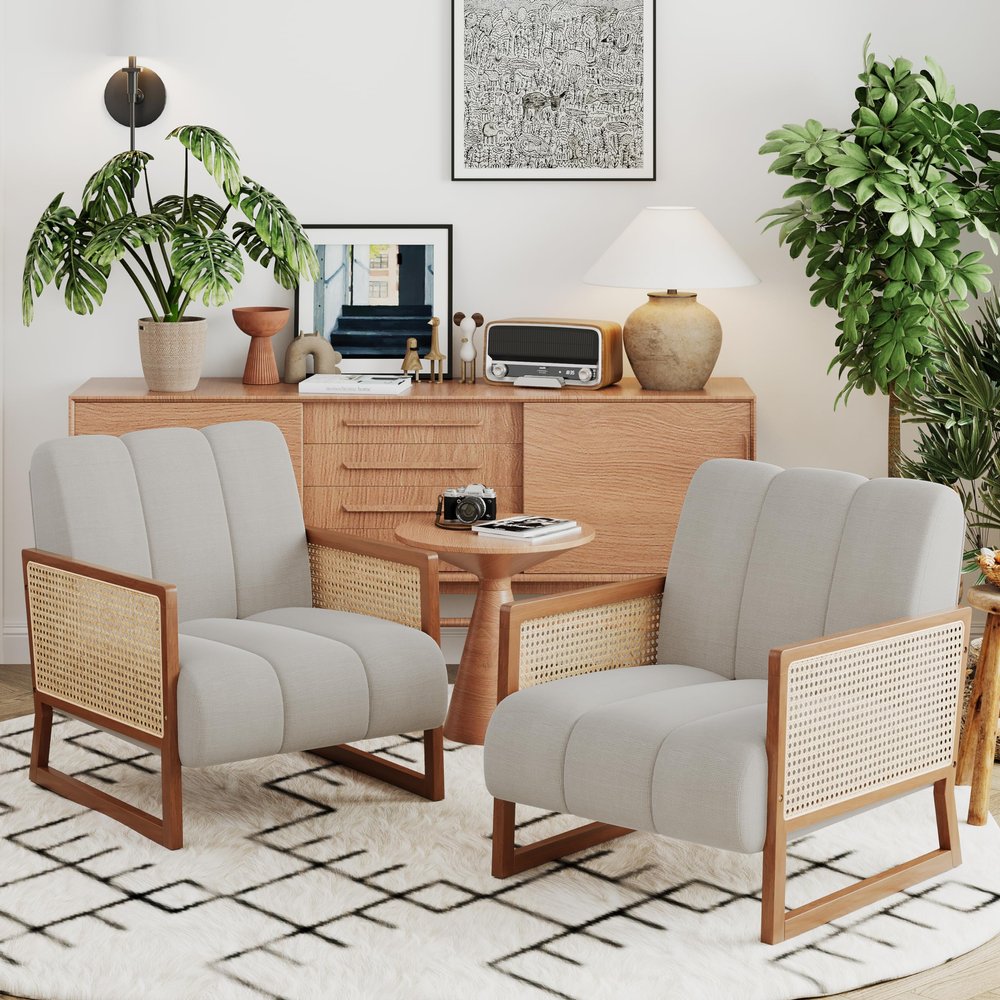 Andeworld Rattan Accent Chairs Set of 2 Upholstered Natural Rattan Chair Mid Century Modern Linen Armchair Side Chairs for Living Room Bedroom Reception,Light Grey
