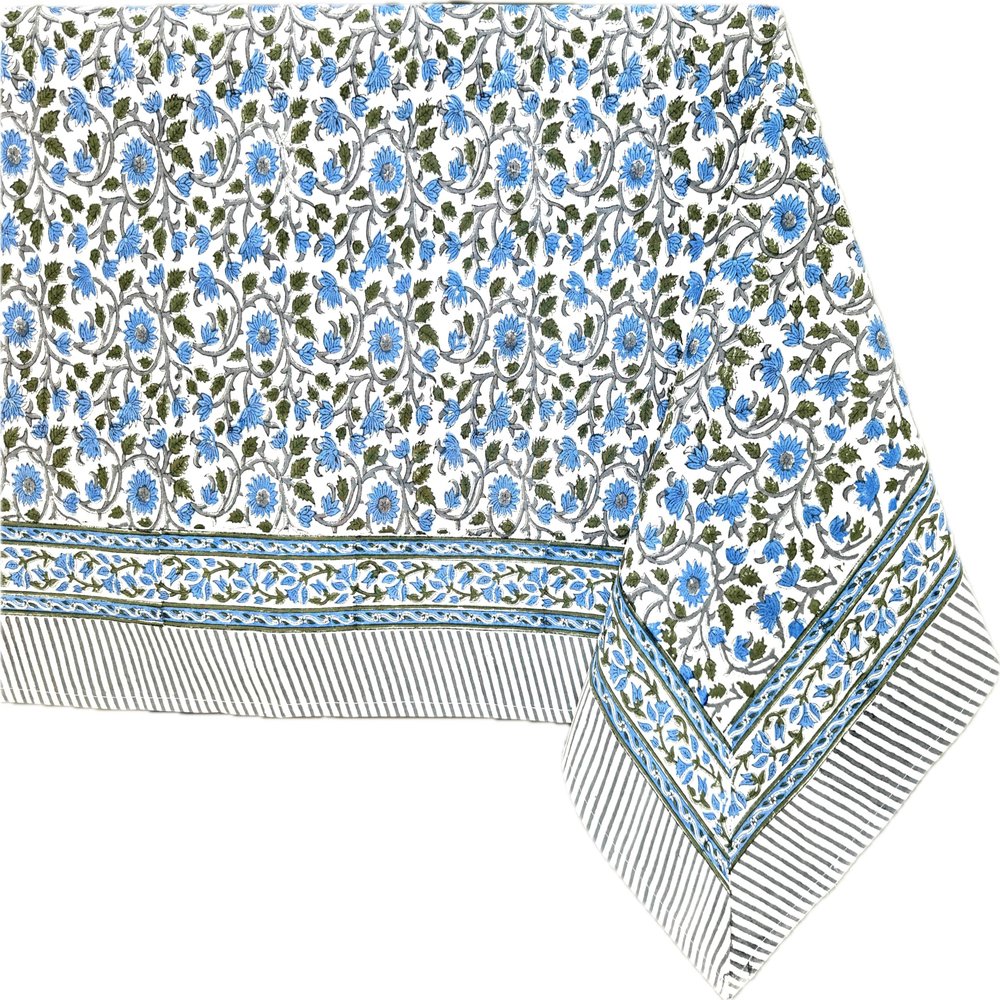 ATOSII Lake Como 100% Cotton Rectangle Fall Tablecloth, Handblock Floral Linen Table Cloth for Kitchen Dining Table I Parties Weddings Outdoors Easter Picnic I 60 X 90 Inches I 6 Seater