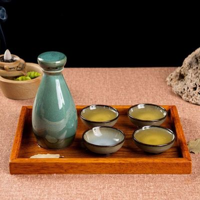 Japanese Sake Set, Sake Cup SetSake Bottle Crafts CupSake Pot and Sake Cup Japanese Sake Set Sake Set with Wooden Tray Japanese Style Traditional Retro Porcelain Crafts, Glass Green, 6 Pieces Tradi