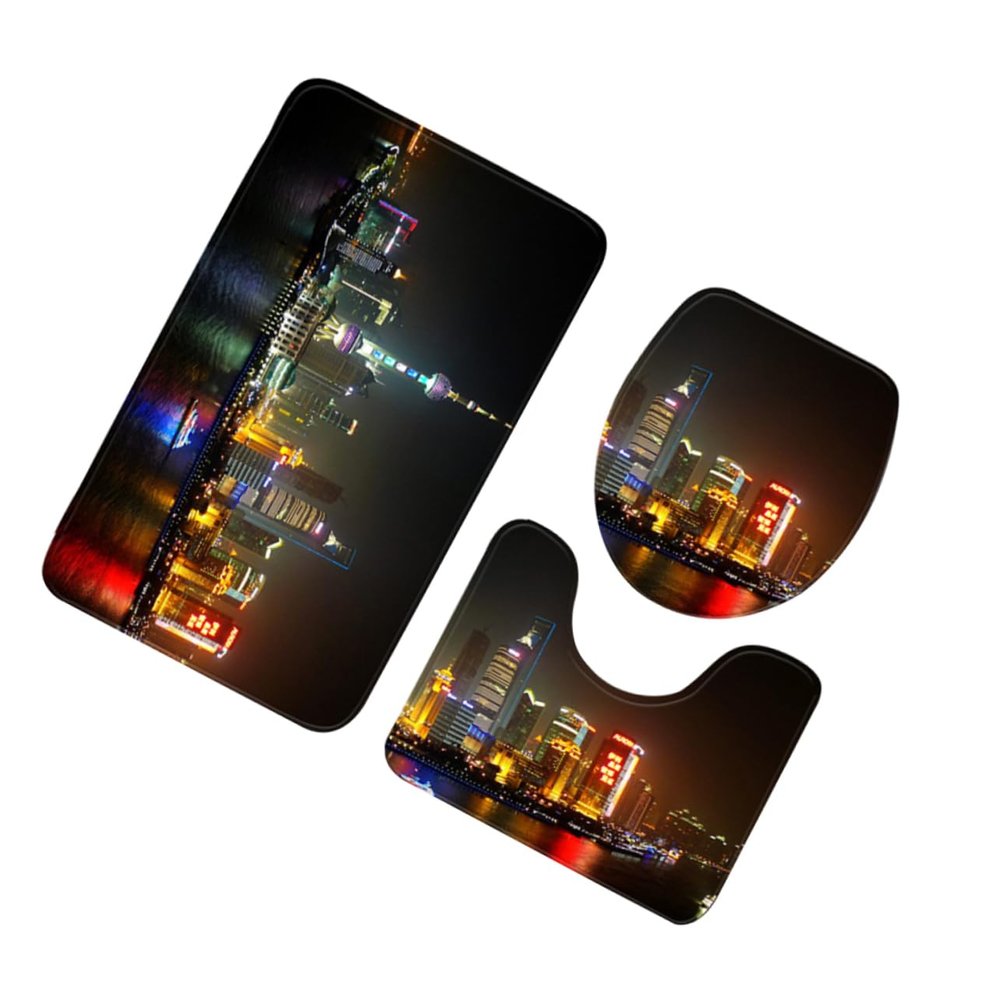 Cabilock 1set Shanghai Night Scene Toilet Rug Absorbent Bathroom Mat Closestool Lid Cover Floor Mats for Home Decoration and Comfort