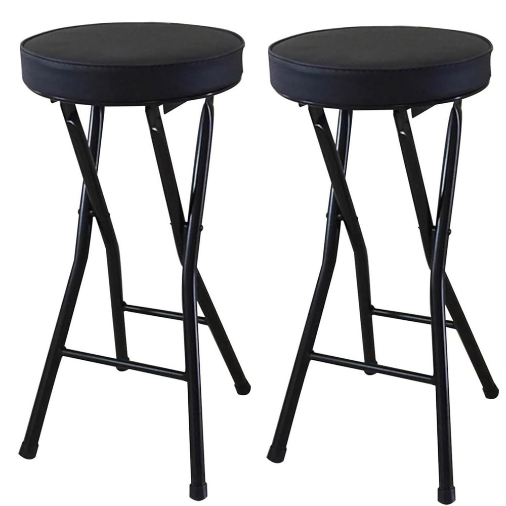 Set of 2 Folding Bar Stool, Portable Padded Kitchen Stool, 25inch Counter Height Folding Chair with Footrest, Home Barstool for Outdoor Camping Garden Gameroom (Color : Black)