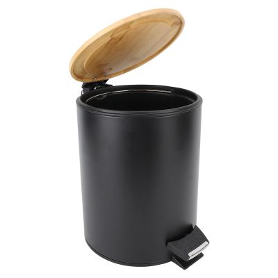 Round Waste Bin, Hygienic Modern Handy Soft Close Dustbin Bamboo Lid Black with Foot Pedal for Bedroom for Kitchen (5L)
