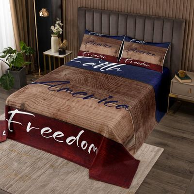 Erosebridal United States Coverlet Set 4th of July Independence Day Bedspread Set, Wooden Planks Painted As USA Flag Quilt Set, Federal Freedom Patriotic Country Style Bedding Set King Size