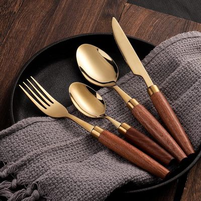 Gold Silverware Set for 6 Luxury Fine Wooden Handle Flatware Set 24 Pieces Elegant Tableware Set 18/10 Stainless Steel Cutlery Set Utensil Sets for Home Restaurant Dishwasher Safe Mirror Finish