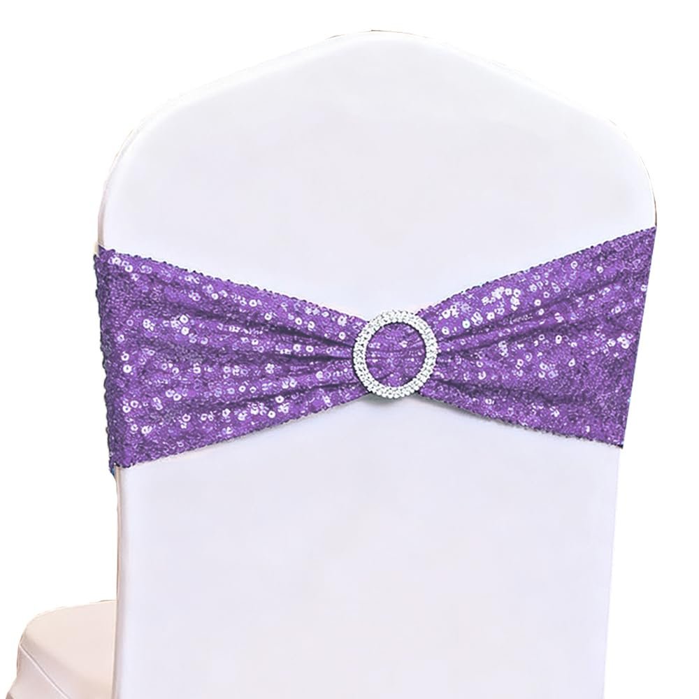 Gankar Lavender Chair Sashes 50 Pack, Sequin Lavender Chair Bows Bands for Romantic Wedding Birthday Party Home Decor, Light Purple Sequin Chairs Sashe
