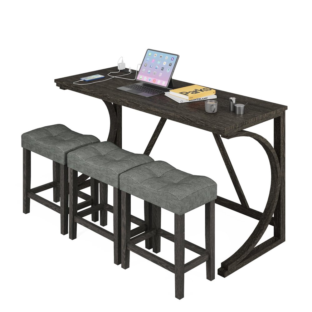 allamazing 4-Piece Counter High Bar Table Set with Socket and 3 Fabric Padded Bar Stools, Tall Kitchen Breakfast Nook with Stool, Black