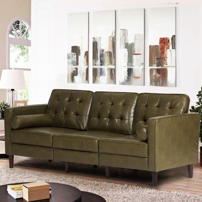 ACMEASE 84" Premium Faux Leather 3-Seat Sofa w/2 Bolster Pillows and Tufted Backrest, Mid-Century Modern Sofa, Luxury Couch for Living Room, Bedroom, Office, Olive Green