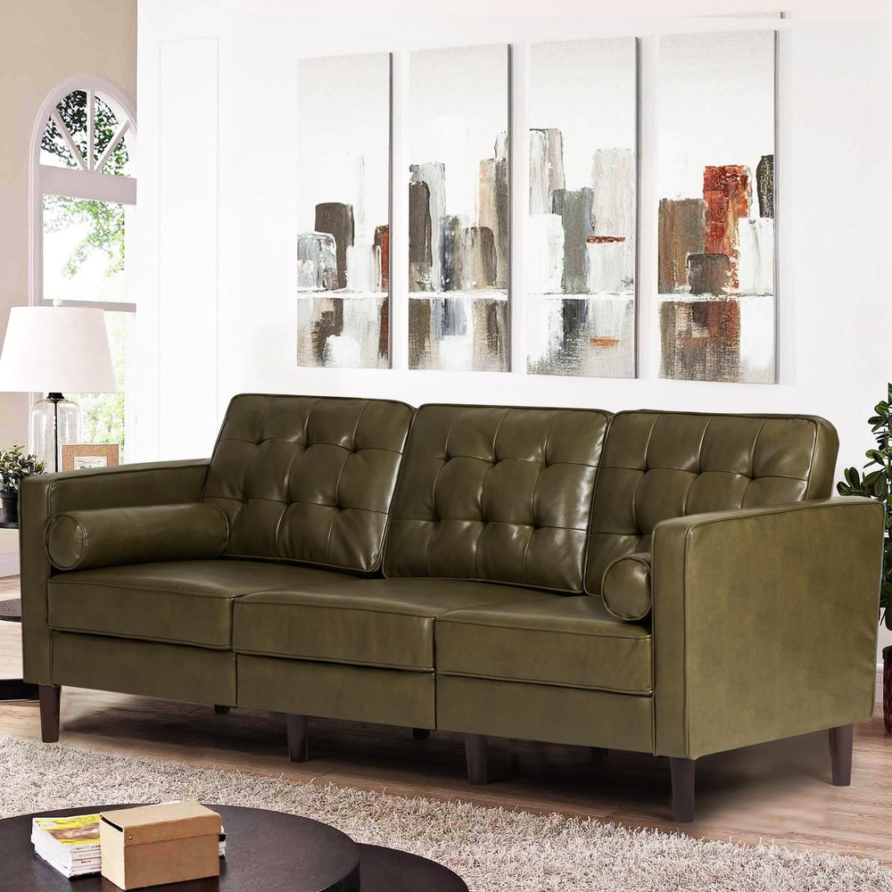 ACMEASE 84" Premium Faux Leather 3-Seat Sofa w/2 Bolster Pillows and Tufted Backrest, Mid-Century Modern Sofa, Luxury Couch for Living Room, Bedroom, Office, Olive Green