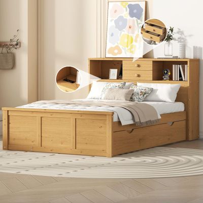 Bekeknlny Simple Full Size Wood Pltaform Bed with Twin Size Trundle, 3 Drawers, Upper Shelves and a Set of USB Ports & Sockets, No Box Spring Required (Natural#Simple1, Full)