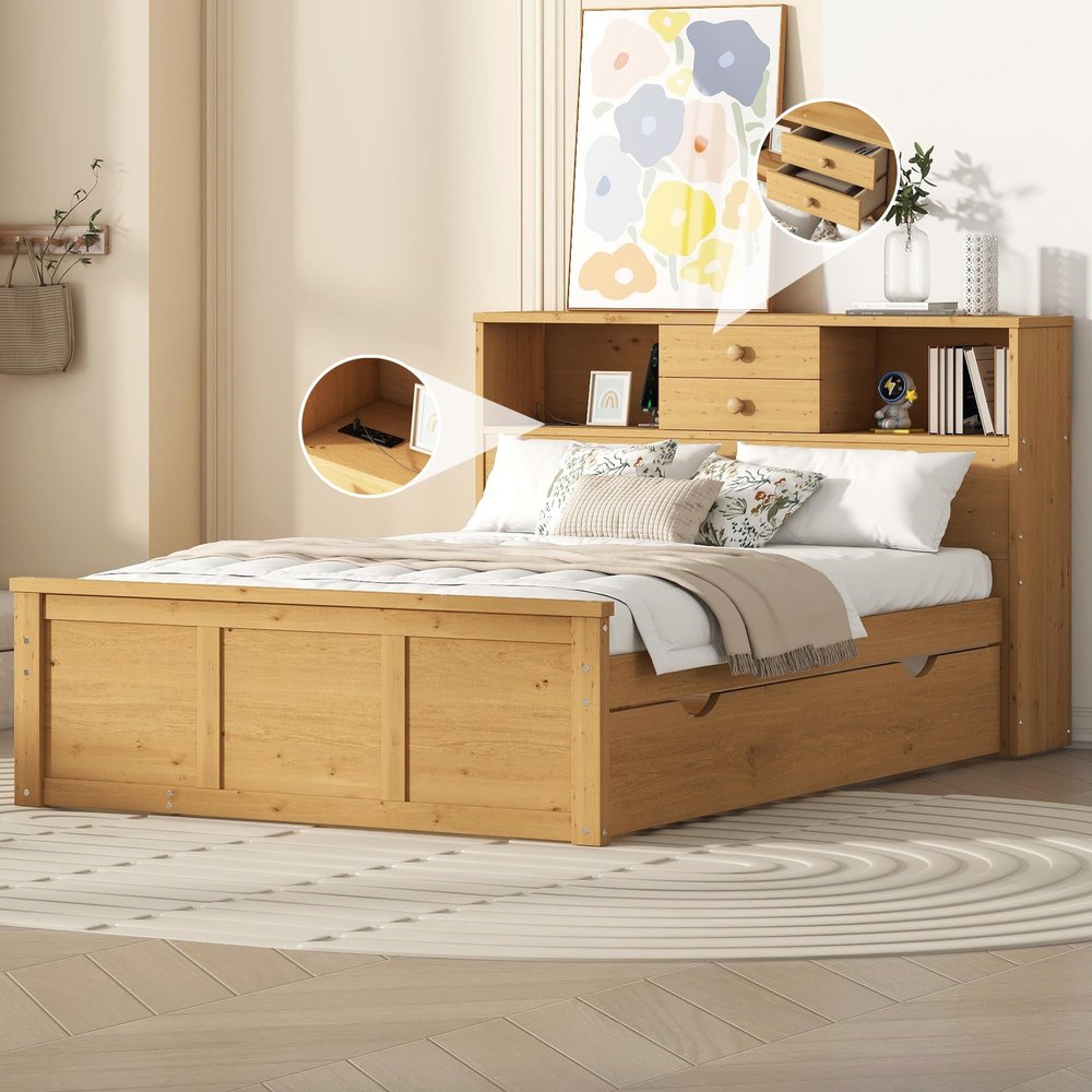 Bekeknlny Simple Full Size Wood Pltaform Bed with Twin Size Trundle, 3 Drawers, Upper Shelves and a Set of USB Ports & Sockets, No Box Spring Required (Natural#Simple1, Full)