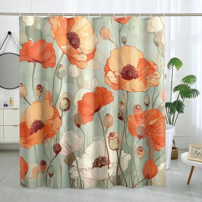 TPHIHPT Retro Orange Poppy Shower Curtain Rustic Classic Flower Pattern Shower Curtains Vintage Watercolor Floral Theme Bathroom Decor Polyester Fabric-72" x 78"