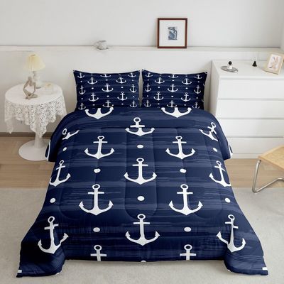 Manfei Anchor Comforter Set Twin Size, Nautical Theme Down Comforter with 1 Pillowcase, Rustic Farmhouse Navy Blue Bedding Set 2pcs for Kids Boys Teens Bedroom Decor Lightweight Duvet Insert