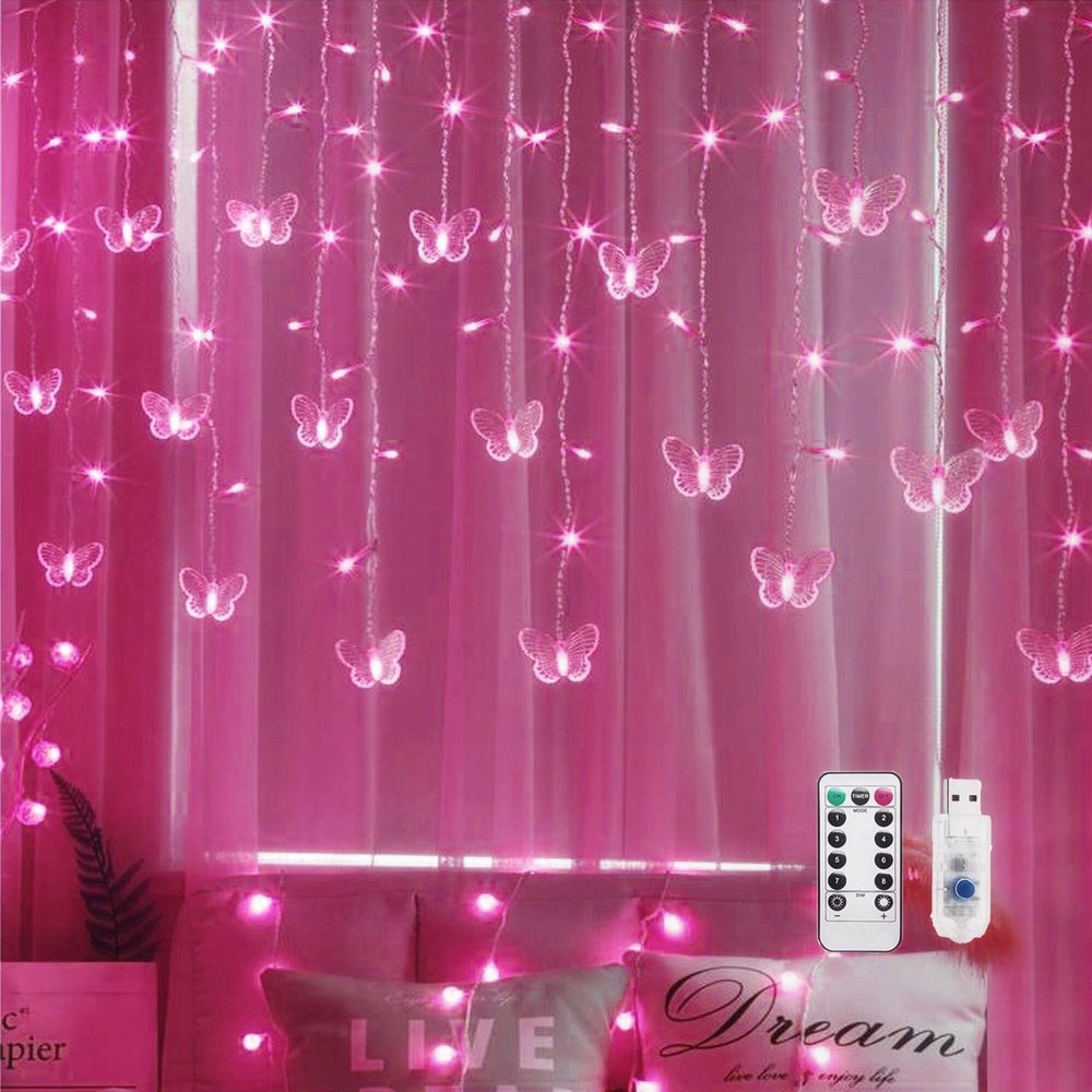 Cynzia Butterfly Curtain Lights, 8 Modes 48LED Twinkle String Light with Remote 4.9FT USB Powered Window Fairy Light, Decorative Lights for Bedroom, Party, Wedding, Holiday, Christmas (Pink)