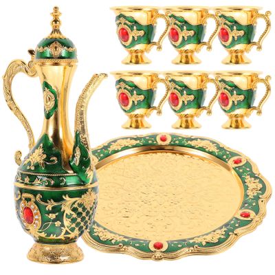 Alipis Vintage Turkish Coffee Pot with 6 Coffee Cups Metal Turkish Tea Set Including Tea Tray Teapot and Tea Cups Wine Decanter and Glasses Set for Home Decor Wedding Gift, 24.50X24.50X7.00CM