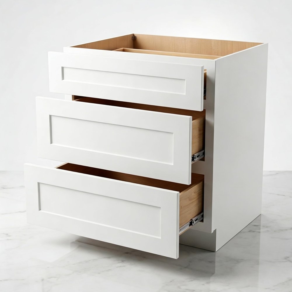 CozyHommie 27" Solid Wood Shaker Kitchen Base Cabinet with 3 Drawers, RTA Cabinet with DTC Soft-Close Under-Mount Slides, White, 24" D x 34.5" H (White, 24" Depth x 34-1/2" Height)