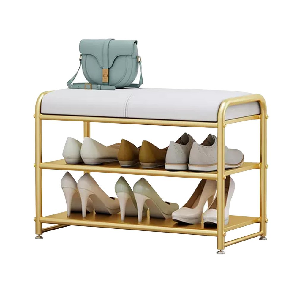 FUYAO 2-Tier Shoe Rack for Entryway - Shoe Bench with Long Seat and Metal Shelves - Upholstered Storage Bench for Living Room, Bedroom, Mudroom