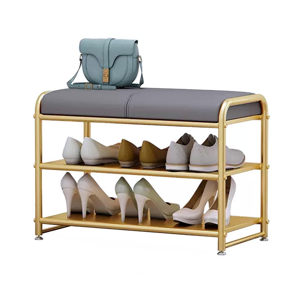 FUYAO 2-Tier Shoe Rack for Entryway - Shoe Bench with Long Seat and Metal Shelves - Upholstered Storage Bench for Living Room, Bedroom, Mudroom