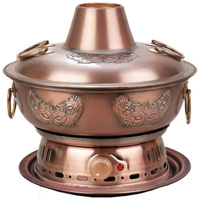 Vintage Hot Pot, Pure Copper Thickened Electric Grill Dual-use, Household Plug-in Old Copper Warmers,Charcoal Pure Copper Pot (Color : Brown-A, Size : 32cm) (Brown a)