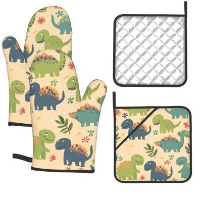 Oven Mitts and Pot Holders 4 pcs Set Heat Resistant Oven Mitt Cute Dinosaur Kitchen Oven Gloves with Lanyard Non-Slip Oven Glove for Cooking Oven Mittens for Microwave