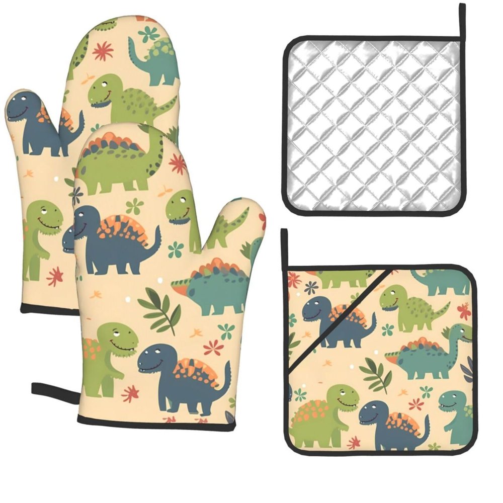 Oven Mitts and Pot Holders 4 pcs Set Heat Resistant Oven Mitt Cute Dinosaur Kitchen Oven Gloves with Lanyard Non-Slip Oven Glove for Cooking Oven Mittens for Microwave