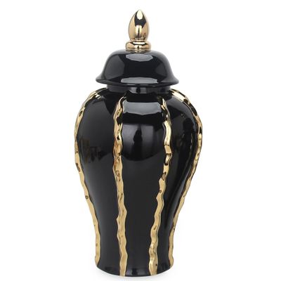 MAICOSY 15.00 Inch Elegant Black Ceramic Ginger Jar Vase with Gold Accents and Removable Lid - Timeless Home Decor