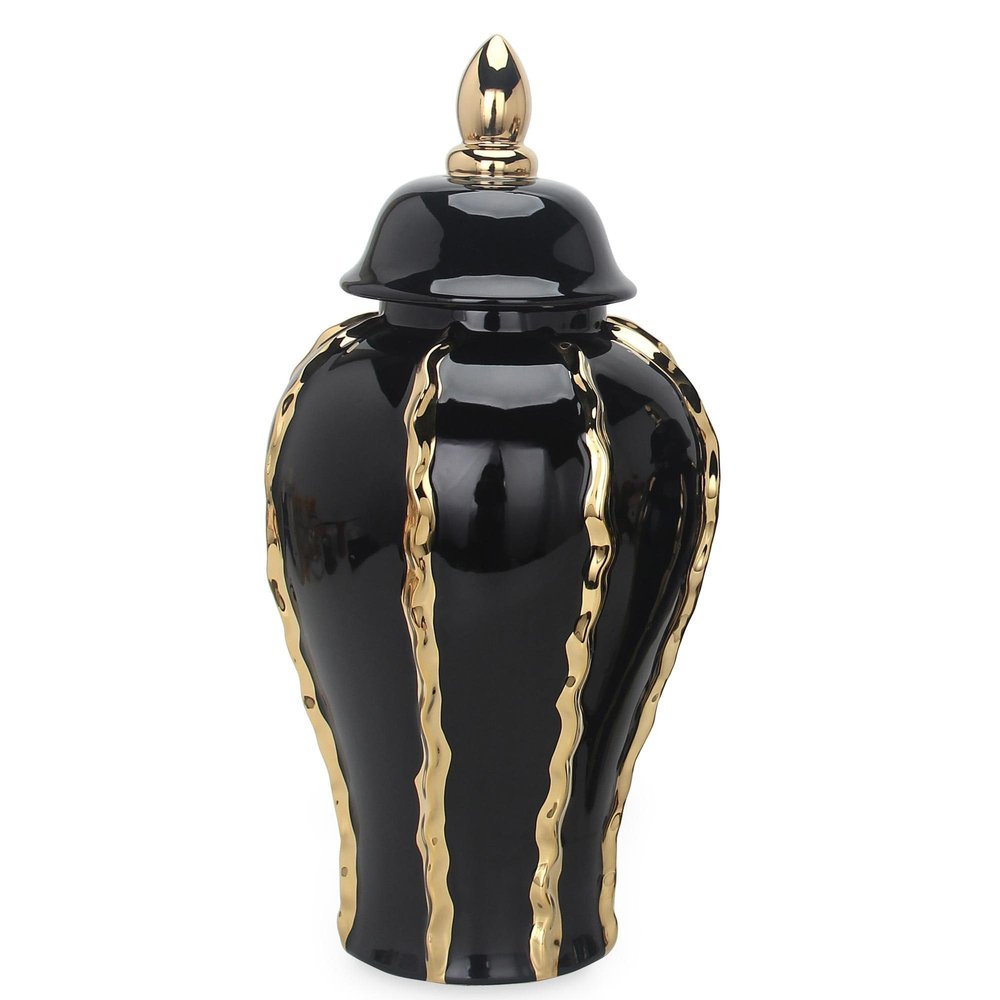 MAICOSY 15.00 Inch Elegant Black Ceramic Ginger Jar Vase with Gold Accents and Removable Lid - Timeless Home Decor