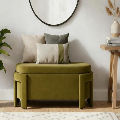 DM Furniture Modern Velvet Ottoman with Storage Entryway Bench for Living Room Comfy Upholstered End of Bed Bench with Safty Hinge for Bedroom/Living Room/Lounge/Corner, Olive
