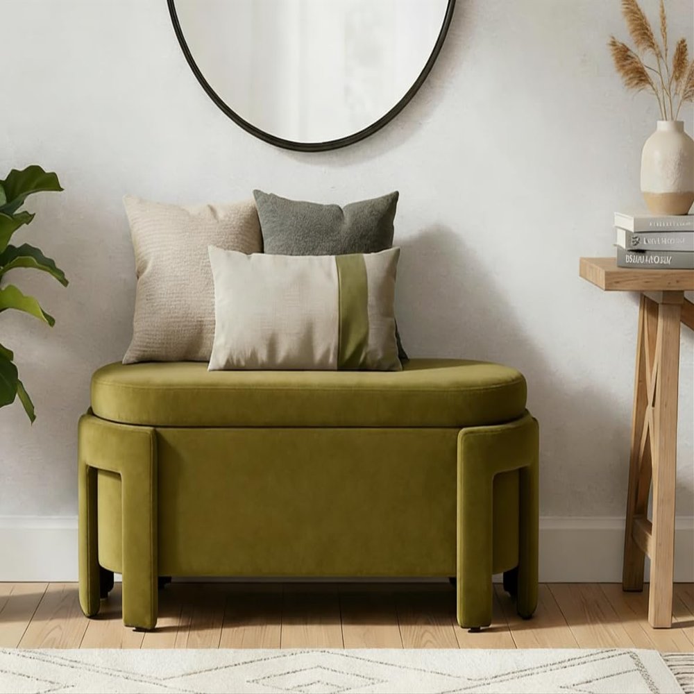 DM Furniture Modern Velvet Ottoman with Storage Entryway Bench for Living Room Comfy Upholstered End of Bed Bench with Safty Hinge for Bedroom/Living Room/Lounge/Corner, Olive