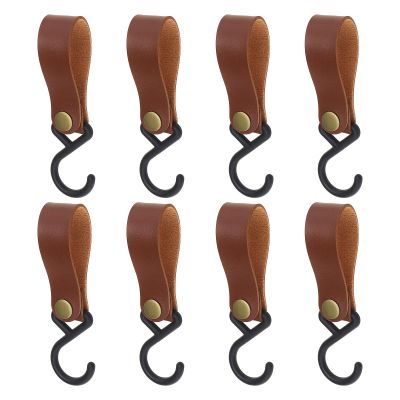 LT Easiyl 8 Pcs PU Leather S-Shape Plastic Hooks for Outdoor Camping Hanging Pots Pans Utensils for Coat Towel Kitchen Bathroom Hooks Brown