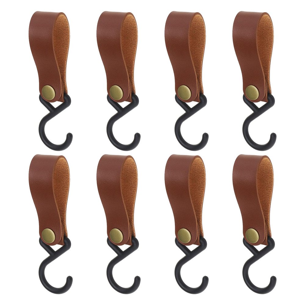 LT Easiyl 8 Pcs PU Leather S-Shape Plastic Hooks for Outdoor Camping Hanging Pots Pans Utensils for Coat Towel Kitchen Bathroom Hooks Brown