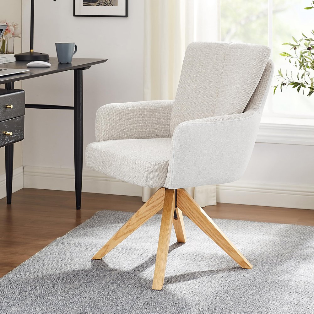 Art Leon Desk Chair No Wheels - Mid Century Modern Office Chair, Fabric Upholstered Desk Chair Swivel Accent Chair with Oak Wood Legs for Living Room Home Office, Off White Gray