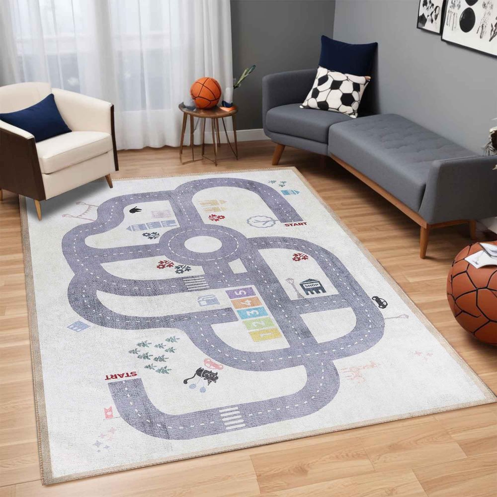 BLUENILEMILLS Indoor Area Rug, Felt Dot Backing for Kids or Pets, Nursery, Playroom, Bedroom, Day Care, School, Machine Washable Rugs, Floor Cover, Path Road Non-Slip Kids Rug, 5' x 7' 6", Ivory