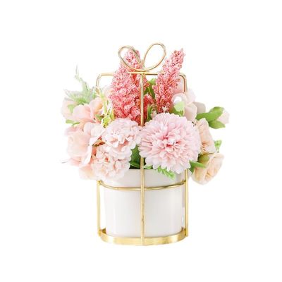 MOooy Artificial Silk Variety Flower Fake Flowers in Vase Mini Flowers Potted Hanging Potted Plants for Wedding House Cafe Office Desk Decor (Pink Carnation + White Bow Gold Frame Flower Basket)