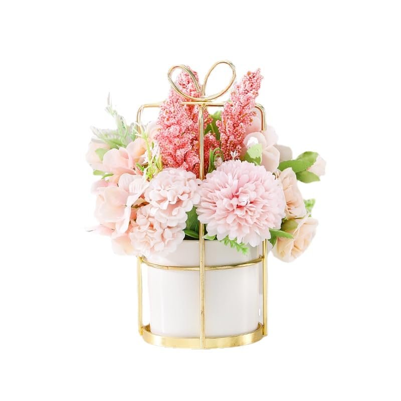 MOooy Artificial Silk Variety Flower Fake Flowers in Vase Mini Flowers Potted Hanging Potted Plants for Wedding House Cafe Office Desk Decor (Pink Carnation + White Bow Gold Frame Flower Basket)