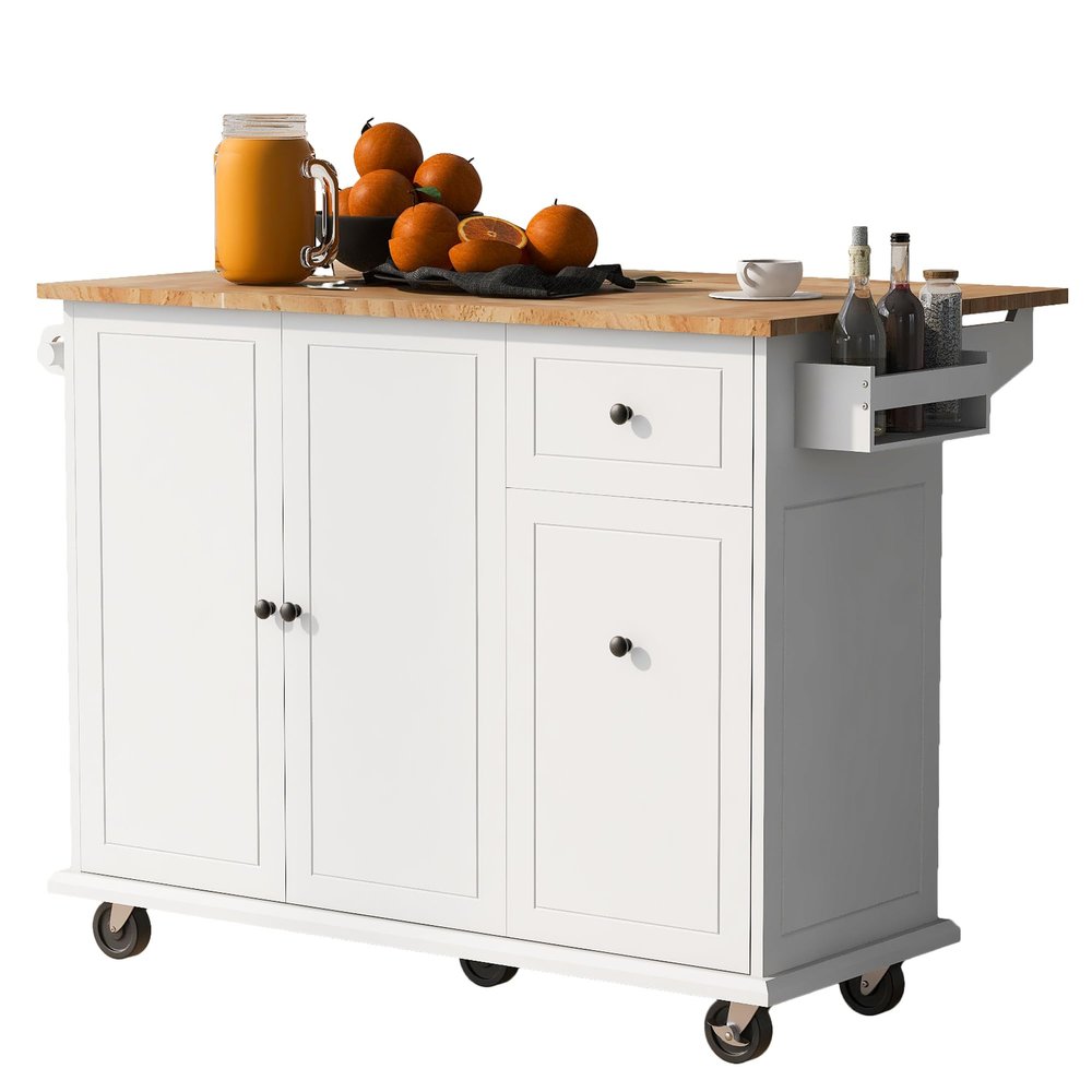 LUMISOL Kitchen Island with Drop Leaf Countertop, Rolling Kitchen Cart with Internal Storage Rack, 3 Tier Pull Out Cabinet Organizer and 1 Drawer, Kitchen Storage Cart with Spice Rack, White
