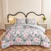 Koniroom 3 Pieces Pink and Grey Comforter Set Queen Size, Floral Bedding Sets with Pink Flowers and Leaves Pattern for Women Teen Girls, Reversible All Season Comforter with 2 Pillow Shams view 1