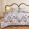 Koniroom 3 Pieces Pink and Grey Comforter Set Queen Size, Floral Bedding Sets with Pink Flowers and Leaves Pattern for Women Teen Girls, Reversible All Season Comforter with 2 Pillow Shams view 2
