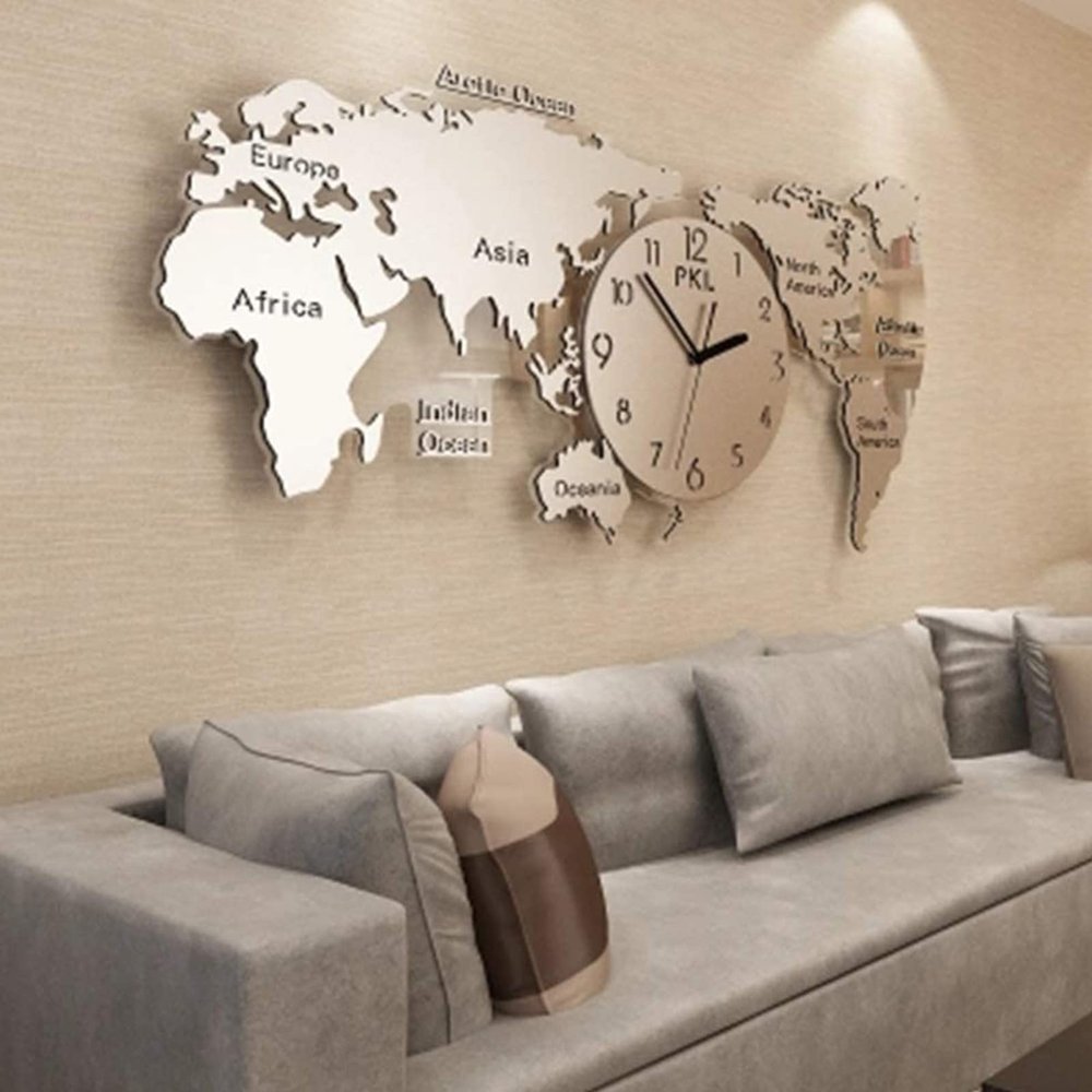 BTZHY Wall Clock,Silver 3D World Map Modern Nordic Wall rative Color Acrylic Silent Clock for Home Bedroom Office Background Wall,39 * 18in
