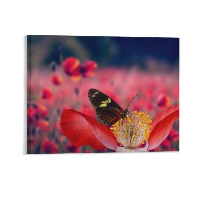 16"x20" Canvas Wall Art, Red Flower Butterfly Picture Prints, Rustic Modern Wall Decor Artwork, Farmhouse Kitchen Canvas Painting, Home Office Decor Art Print