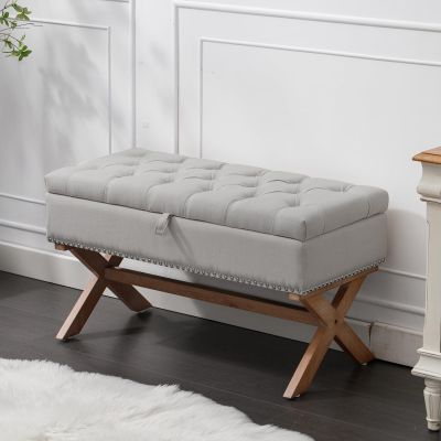 Bonzy Home 36" Tufted Entryway Bench with Storage,French Vintage Bedroom Bench with X-Shaped Legs, Linen Fabric Storage Ottoman Bench for Bedroom Dining Room Living Room Entryway, Gray