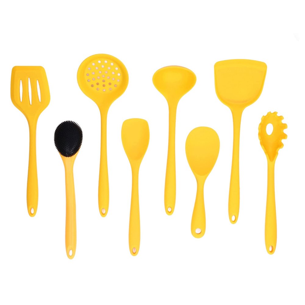 9Pcs Cooking Utensil Utensil Holder Silicone Kitchen Ware Turner Soup Ladle Tool Set Kit with Bucket for Cooking Washing Pots Beautiful Kitchen
