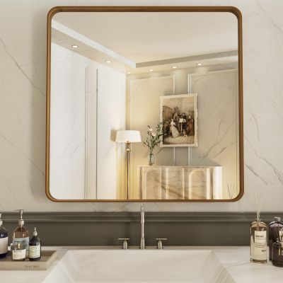 LOAAO 36X36 Inch Bathroom Mirror with Wood Grain Colored Metal Frame, Rounded Rectangle Metal Framed Bathroom Mirror, Anti-Rust, Hangs Horizontally or Vertically, Tempered Glass