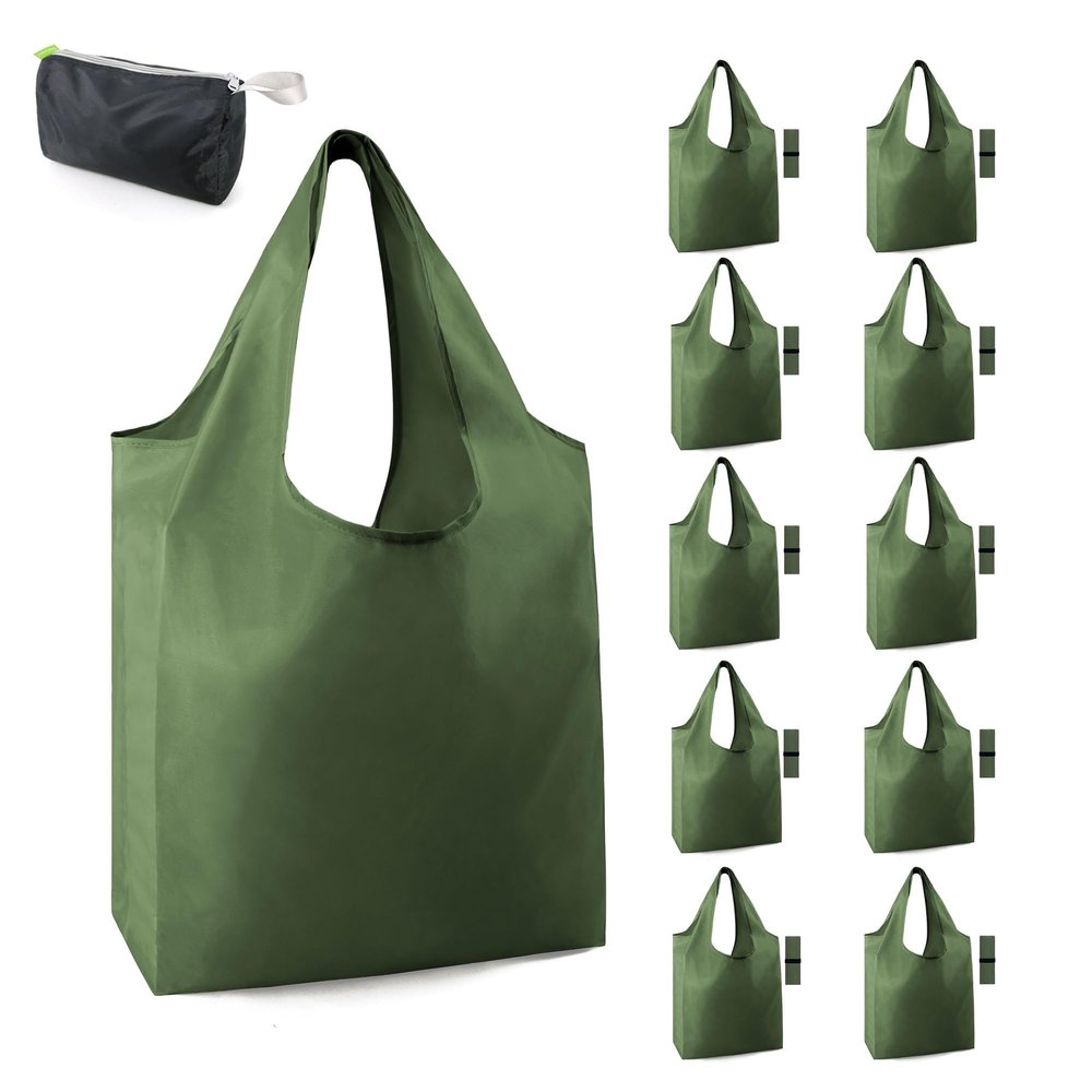 BeeGreen Dark Green Reusable Grocery Bags Bulk 10 Packs, Kitchen Reusable Shopping Bags 50LBS Large, Machine Washable Durable, Easily Foldable with a Storage Bag