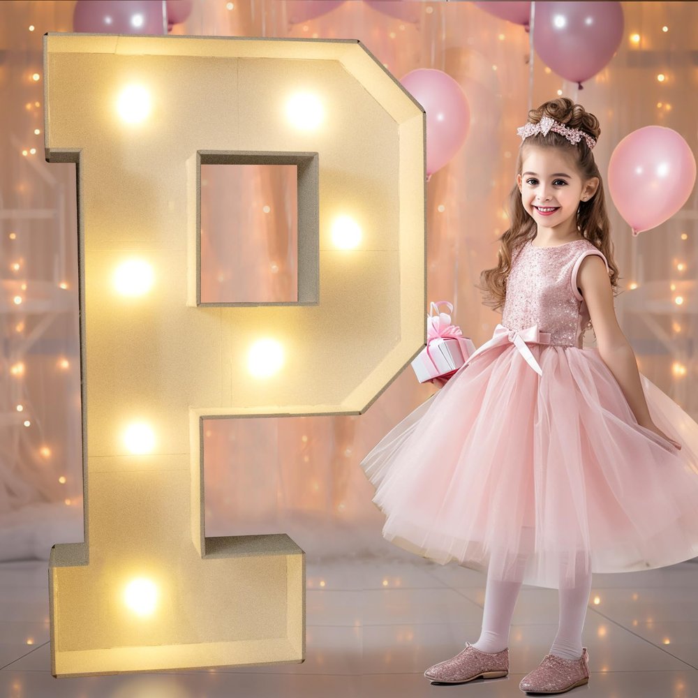 Pooqla 3FT Marquee Light Up Letters, LED Letters Big Mosaic Marquee Letters 3 Feet Tall, Giant Letter Sign for Balloons Birthday Anniversary Wedding Party Decoration, Warm White Letter P
