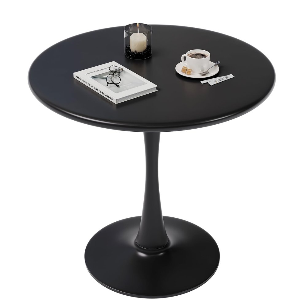 Black Small Tulip Table, 24 Inch Round Dining Table for 2 Person with Pedestal Base for Kitchen, Circle Bistro Table, Mid Century Modern Cafe Tables for Small Spaces in Living Room, Office, Pub, Bar